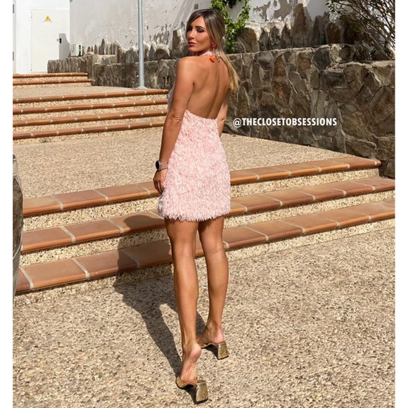 ZARA Pink Feather Appliqué Mini Dress NWT | Halter Open Back Blogger Fave - Picture 13 of 16